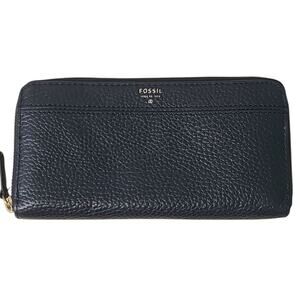 Fossil Black Pebbled Leather Zip-Around Wallet